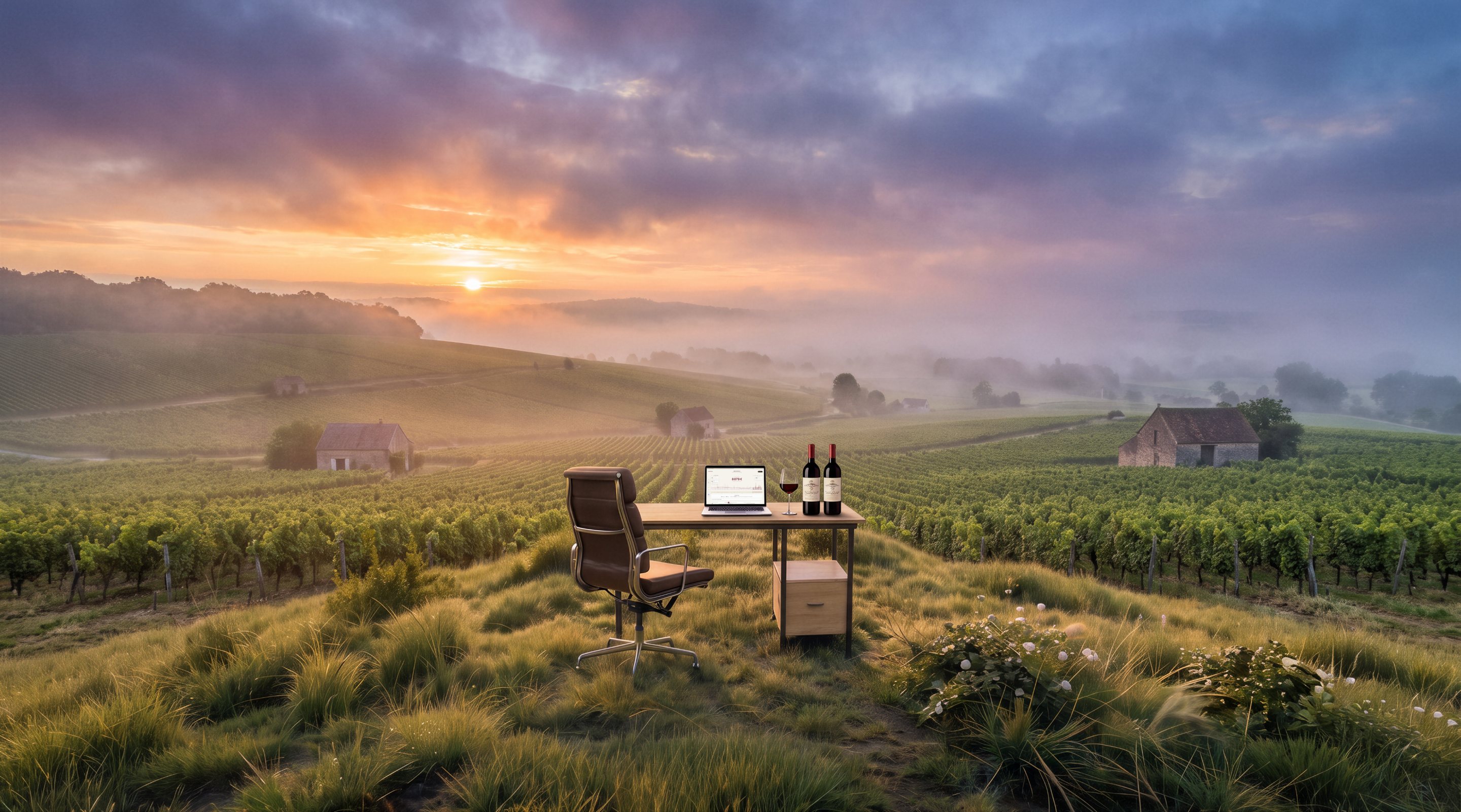 Un bureau posé entre les rangs de vignes au lever du jour ; sur l’ordinateur, le tableau de bord de Cav’Atlas.